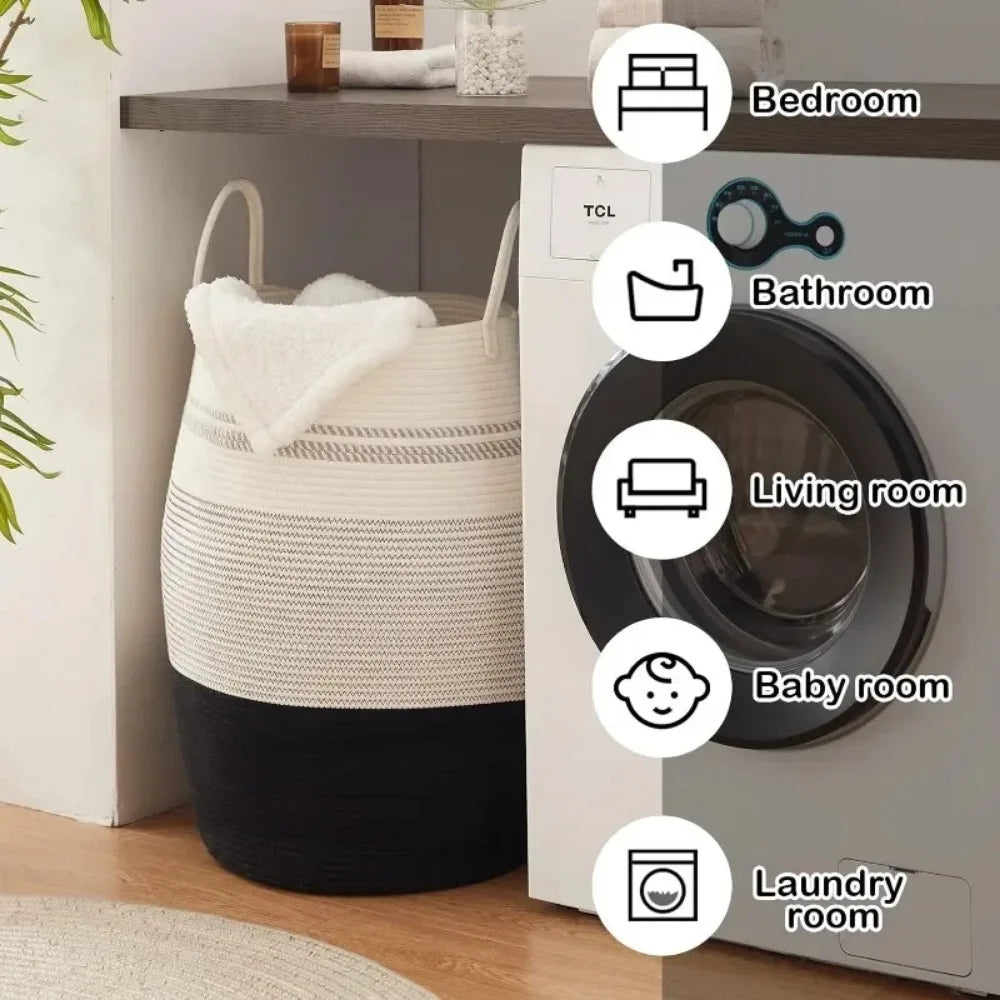 25.6-inch laundry basket woven rope large, foldable, and washable