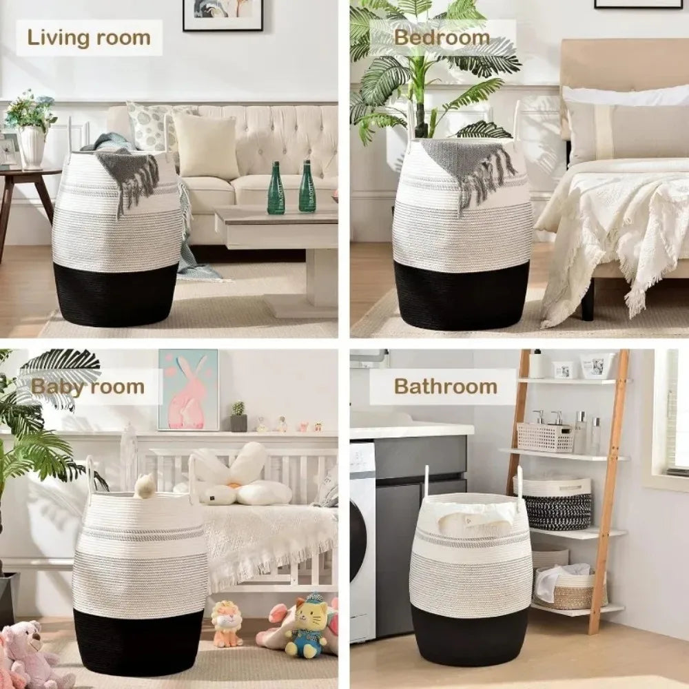 25.6-inch laundry basket woven rope large, foldable, and washable