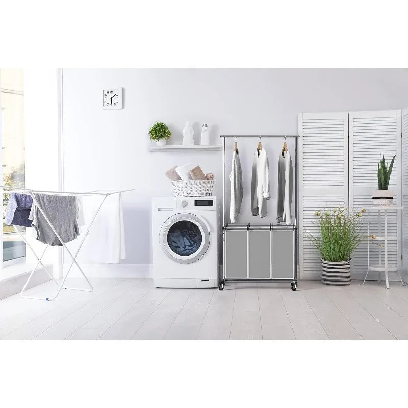 3 Bag Laundry Sorter Rolling Cart w/Garment Rack