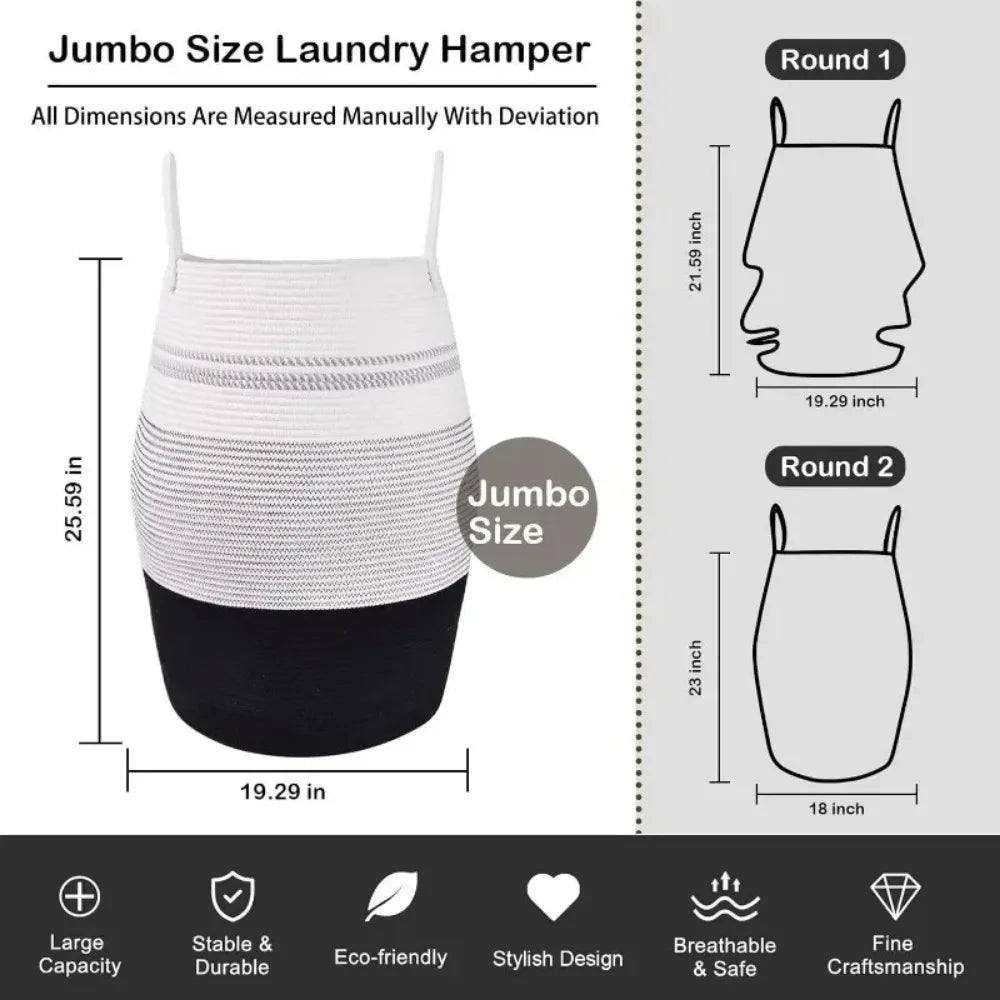 25.6-inch laundry basket woven rope large, foldable, and washable