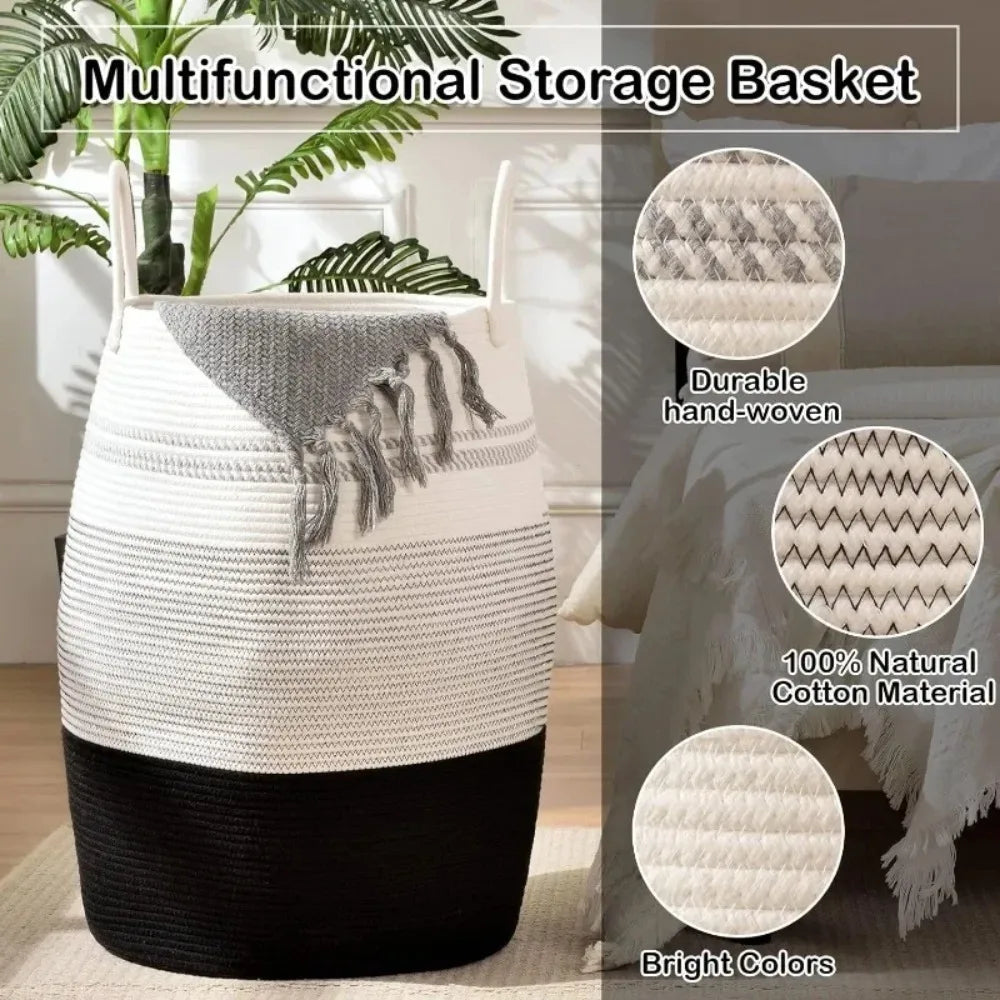 25.6-inch laundry basket woven rope large, foldable, and washable