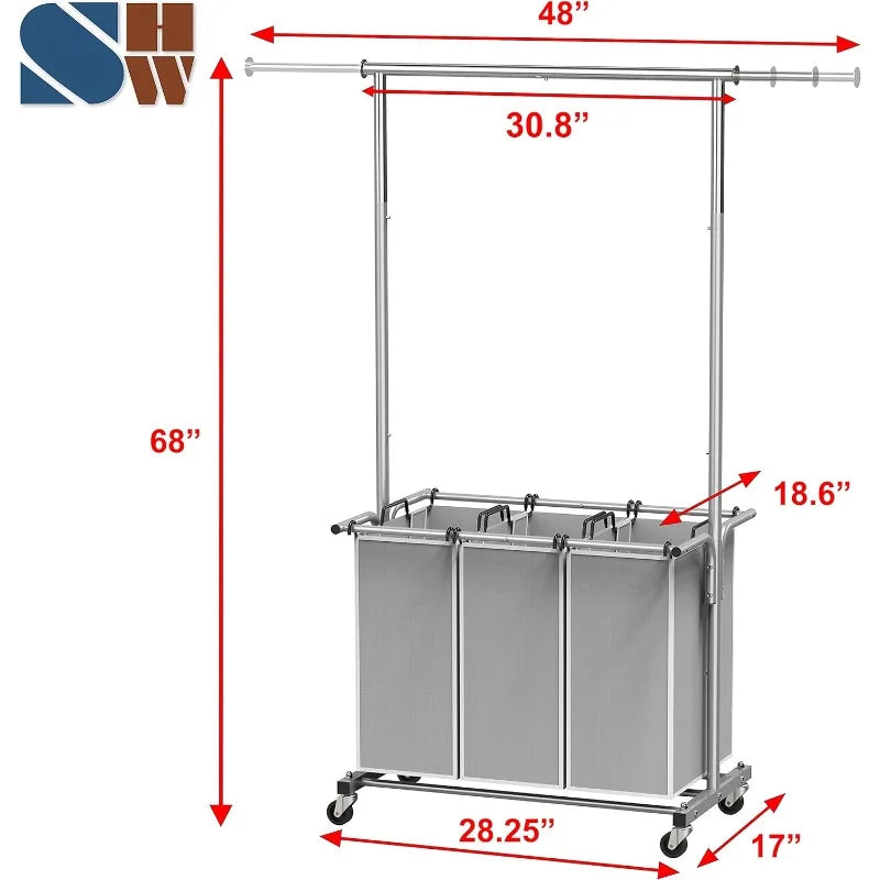 3 Bag Laundry Sorter Rolling Cart w/Garment Rack