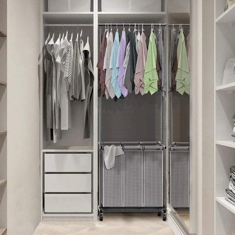3 Bag Laundry Sorter Rolling Cart w/Garment Rack