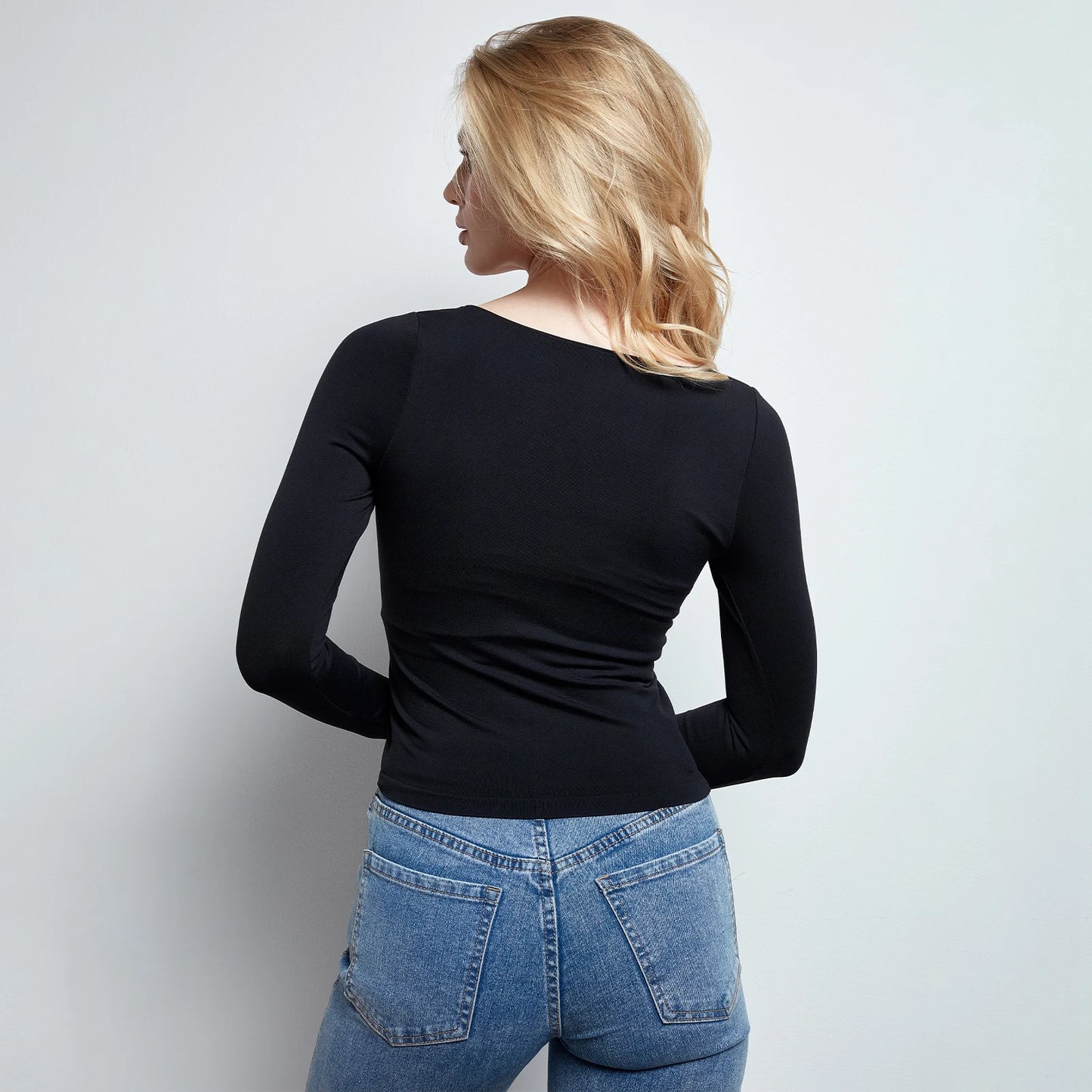 Women Black Crop Top Long Sleeve Square Neck