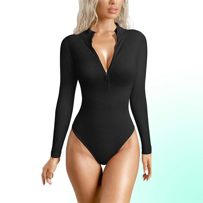 Women's Bodysuit Long Sleeves High Neck with Zipper