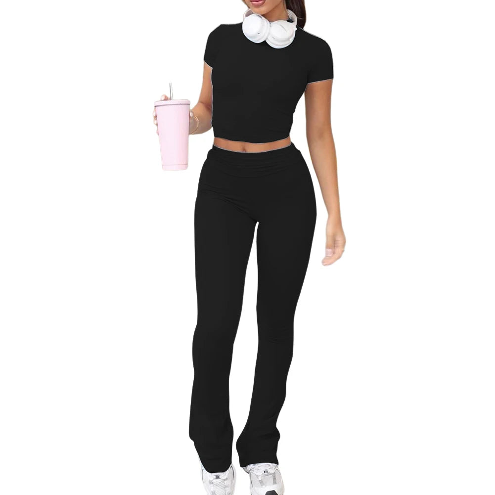 Women 2 Piece Slim Fit Crew Neck Short Sleeve Top and Flare Pants