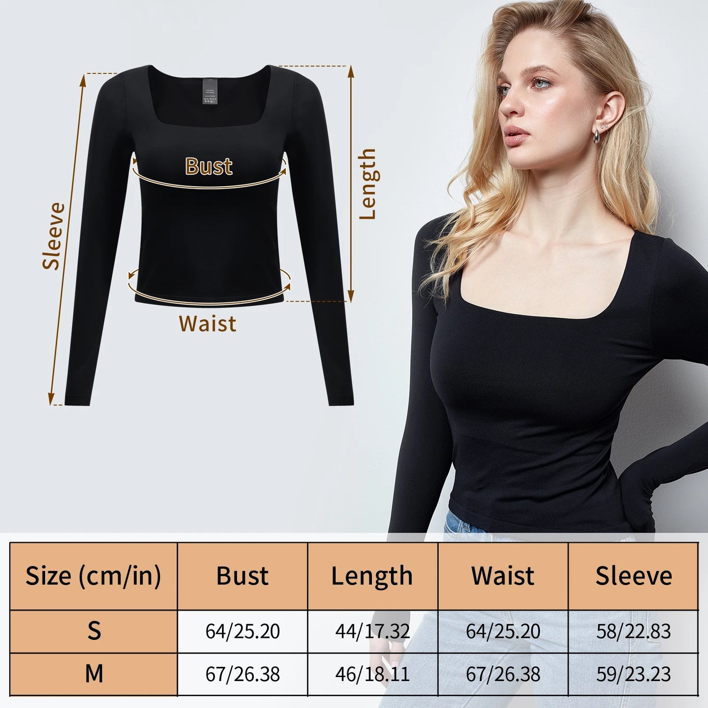 Women Black Crop Top Long Sleeve Square Neck