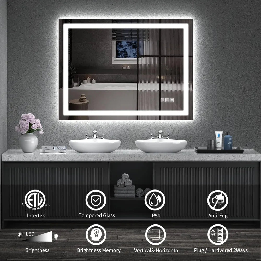 48x36 Inch Backlit + Front Lit Bathroom Vanity Mirror, Shatter-Proof