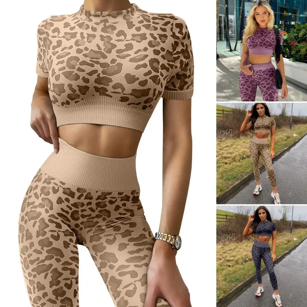 Fitness Suit Leopard Print Crop Top, Tight Pants Yoga Set