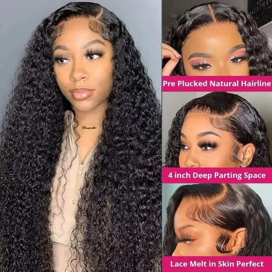 Black curly 13x6 40 inch hd lace frontal wig, deep water wave human hair