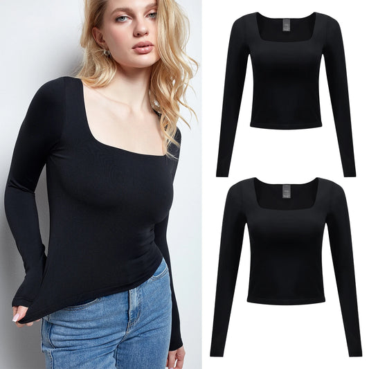 Women Black Crop Top Long Sleeve Square Neck